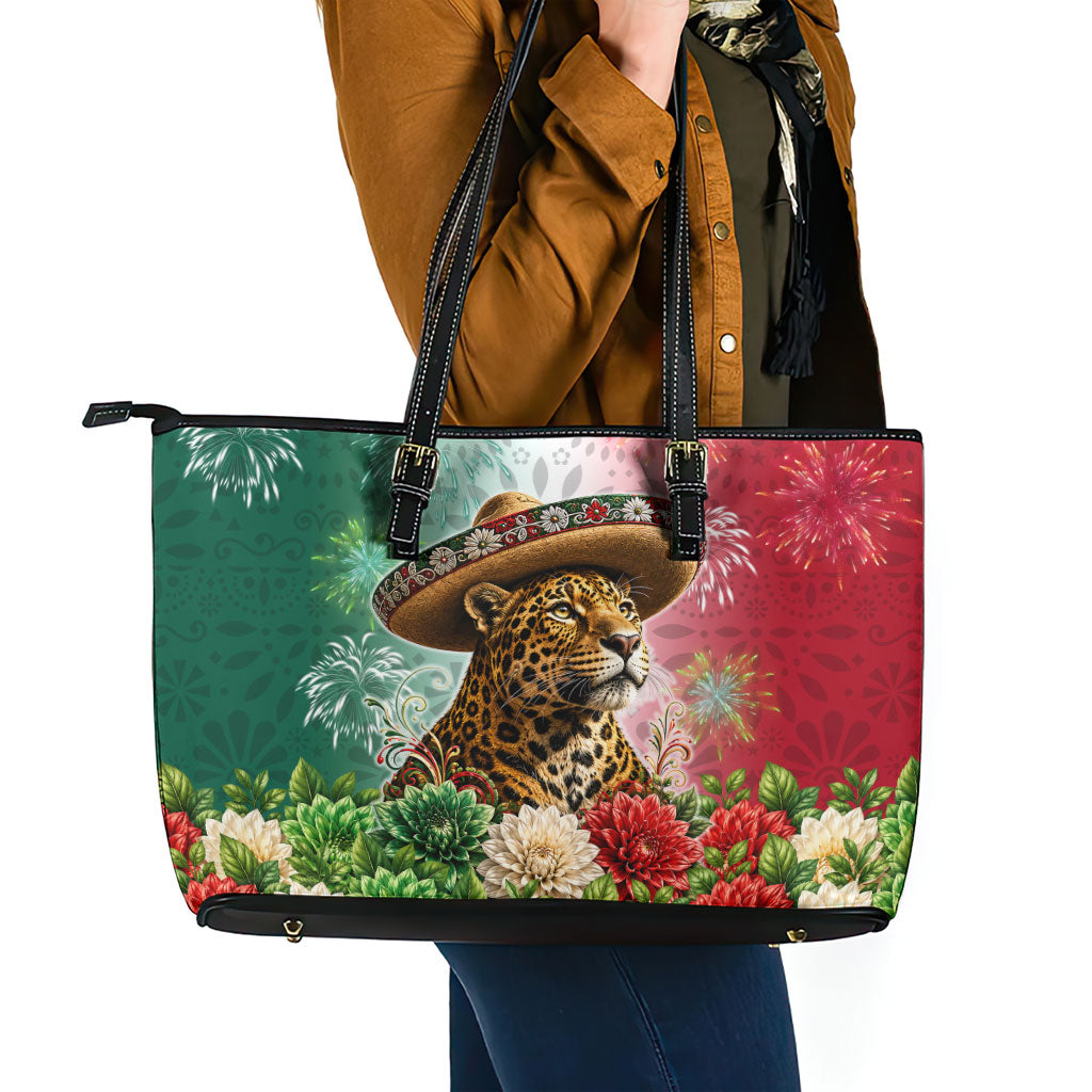 Viva Mexico Independence Day Leather Tote Bag Sombrero Jaguar Mayan Pyramid Fireworks