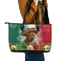 Viva Mexico Independence Day Leather Tote Bag Sombrero Jaguar Mayan Pyramid Fireworks
