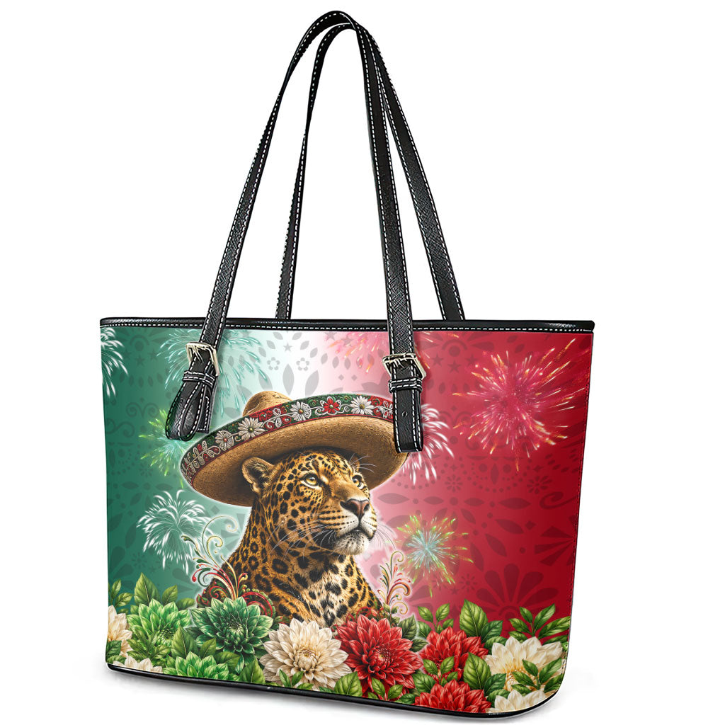 Viva Mexico Independence Day Leather Tote Bag Sombrero Jaguar Mayan Pyramid Fireworks