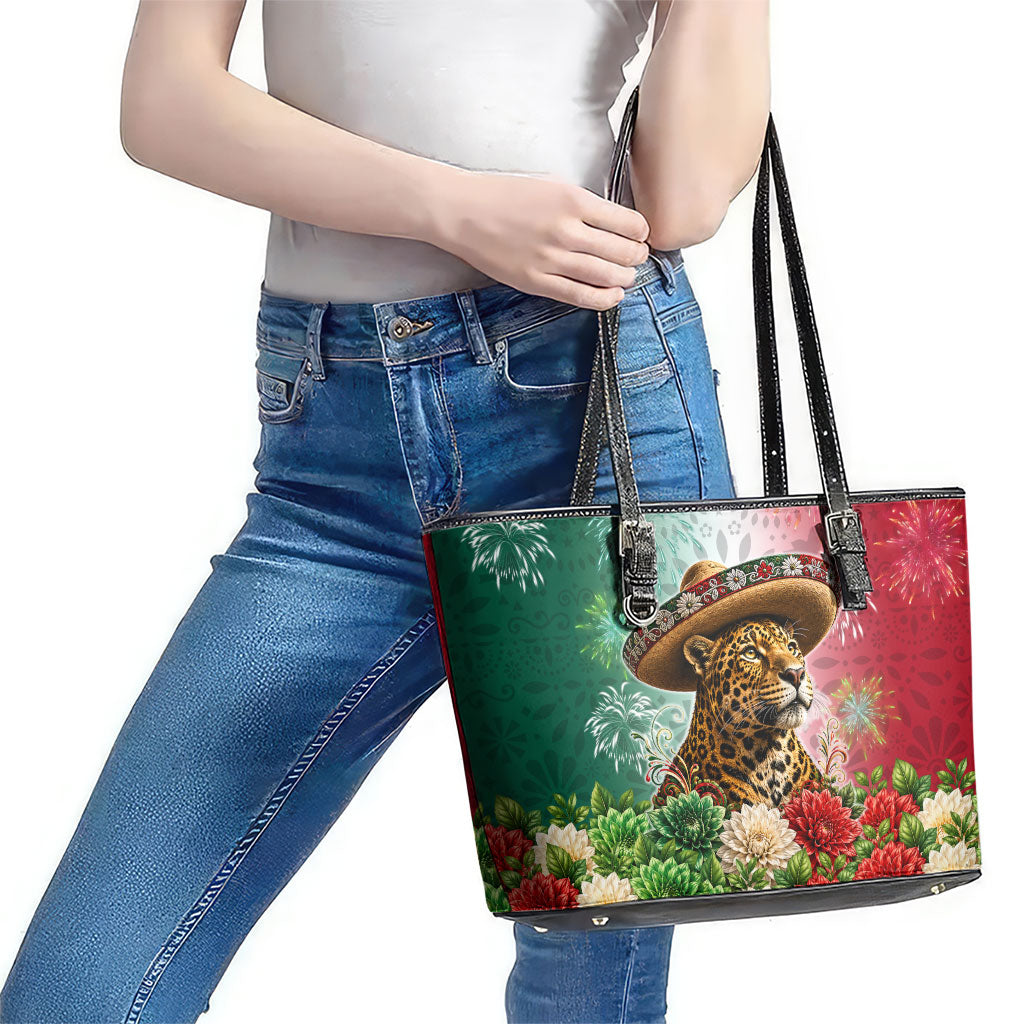 Viva Mexico Independence Day Leather Tote Bag Sombrero Jaguar Mayan Pyramid Fireworks