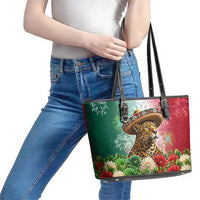 Viva Mexico Independence Day Leather Tote Bag Sombrero Jaguar Mayan Pyramid Fireworks