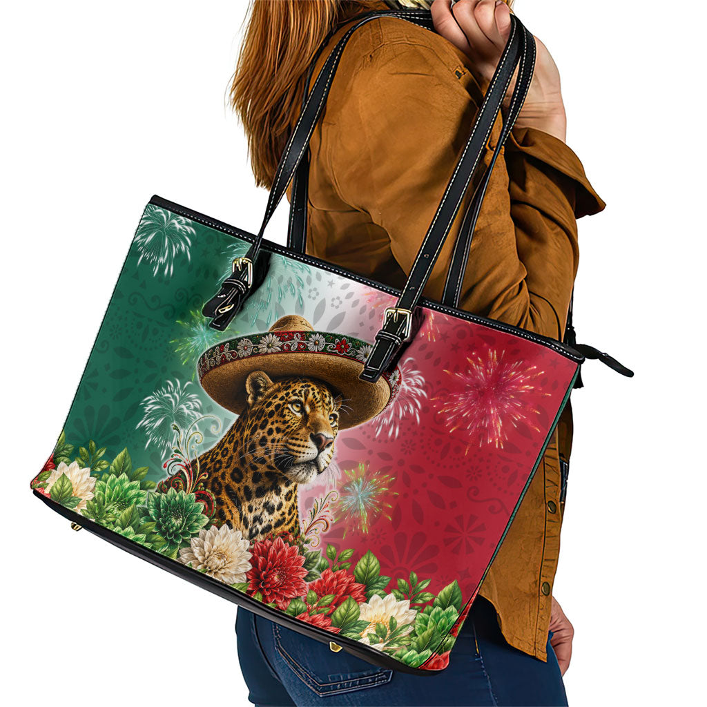 Viva Mexico Independence Day Leather Tote Bag Sombrero Jaguar Mayan Pyramid Fireworks
