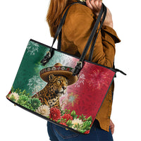 Viva Mexico Independence Day Leather Tote Bag Sombrero Jaguar Mayan Pyramid Fireworks