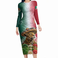 Viva Mexico Independence Day Long Sleeve Bodycon Dress Sombrero Jaguar Mayan Pyramid Fireworks