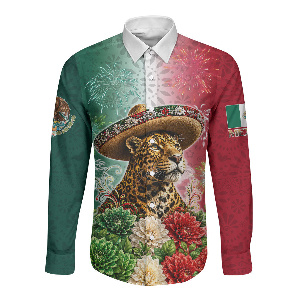 Viva Mexico Independence Day Long Sleeve Button Shirt Sombrero Jaguar Mayan Pyramid Fireworks