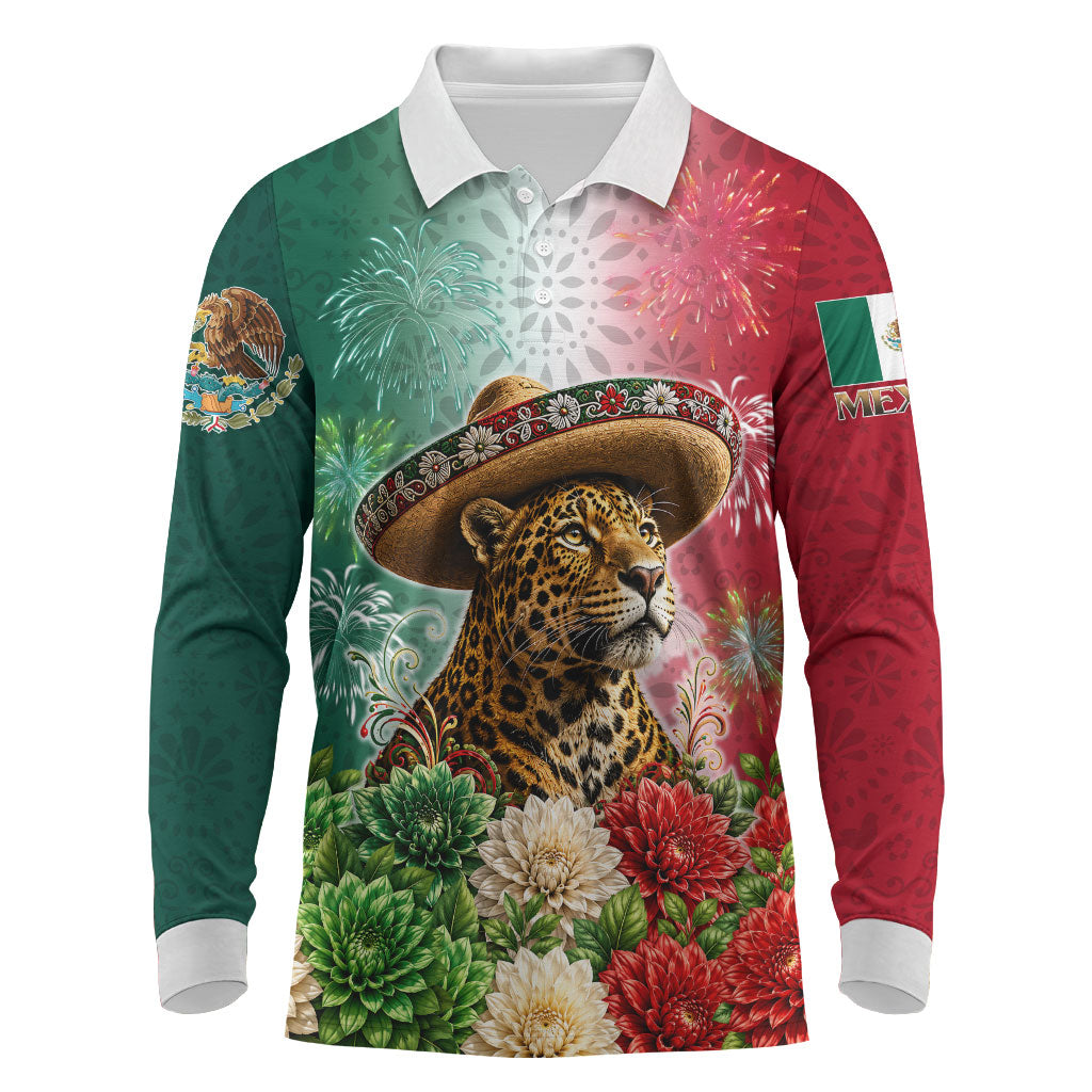 Viva Mexico Independence Day Long Sleeve Polo Shirt Sombrero Jaguar Mayan Pyramid Fireworks