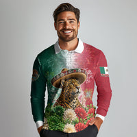 Viva Mexico Independence Day Long Sleeve Polo Shirt Sombrero Jaguar Mayan Pyramid Fireworks