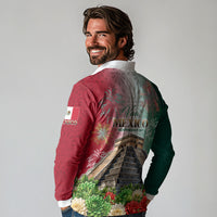 Viva Mexico Independence Day Long Sleeve Polo Shirt Sombrero Jaguar Mayan Pyramid Fireworks