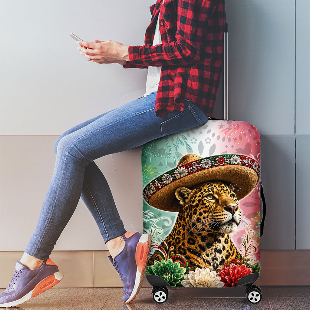 Viva Mexico Independence Day Luggage Cover Sombrero Jaguar Mayan Pyramid Fireworks