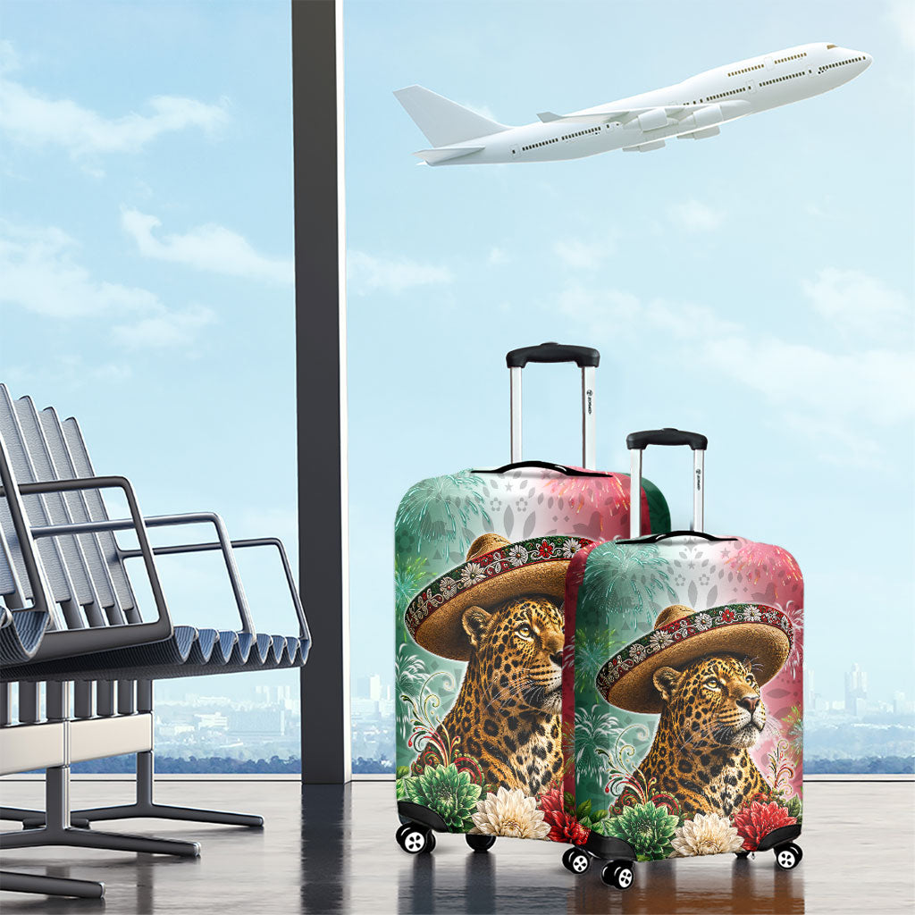 Viva Mexico Independence Day Luggage Cover Sombrero Jaguar Mayan Pyramid Fireworks