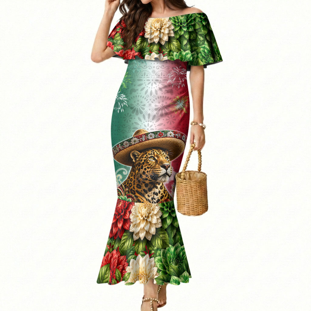 Viva Mexico Independence Day Mermaid Dress Sombrero Jaguar Mayan Pyramid Fireworks