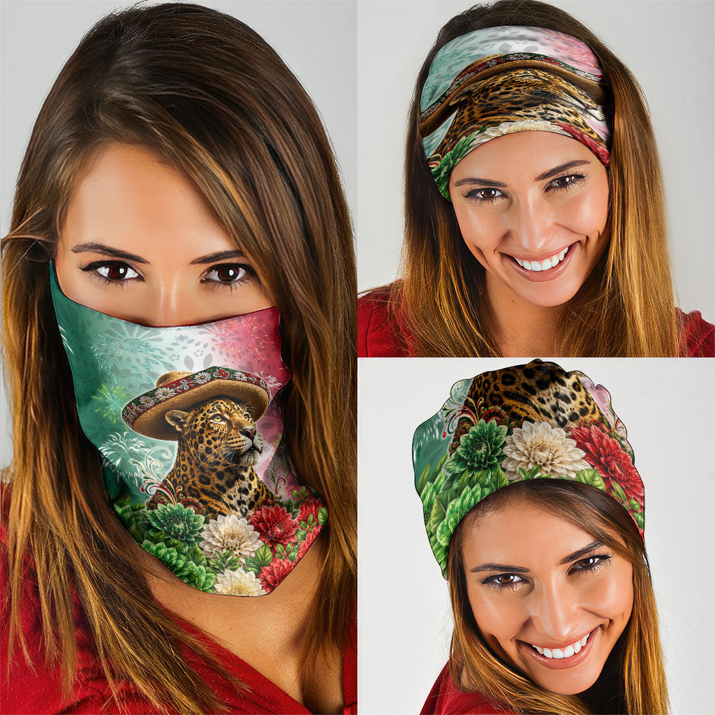 Viva Mexico Independence Day Neck Gaiter Sombrero Jaguar Mayan Pyramid Fireworks