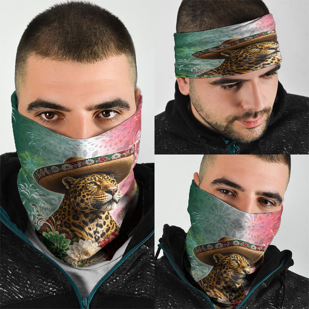 Viva Mexico Independence Day Neck Gaiter Sombrero Jaguar Mayan Pyramid Fireworks