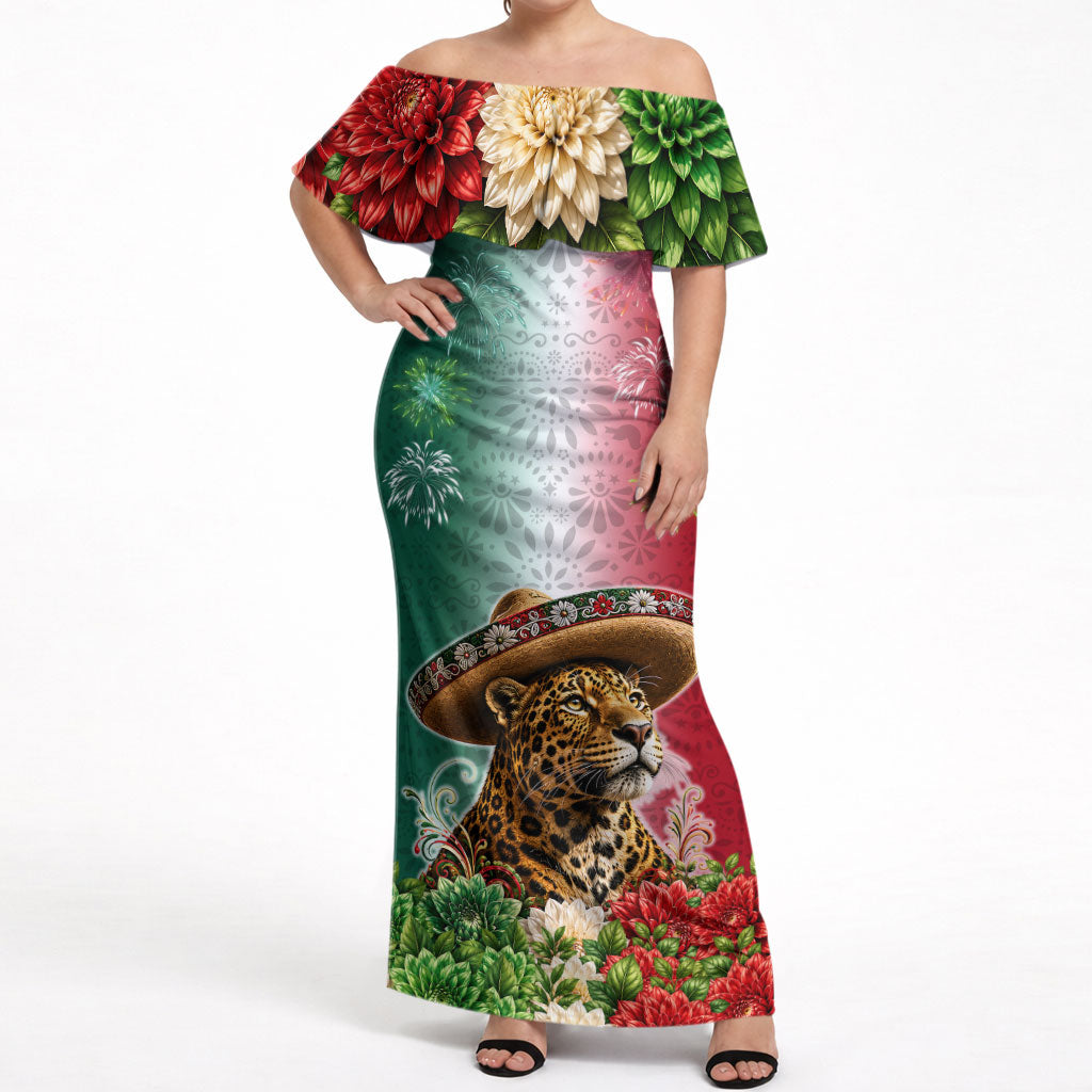 Viva Mexico Independence Day Off Shoulder Maxi Dress Sombrero Jaguar Mayan Pyramid Fireworks