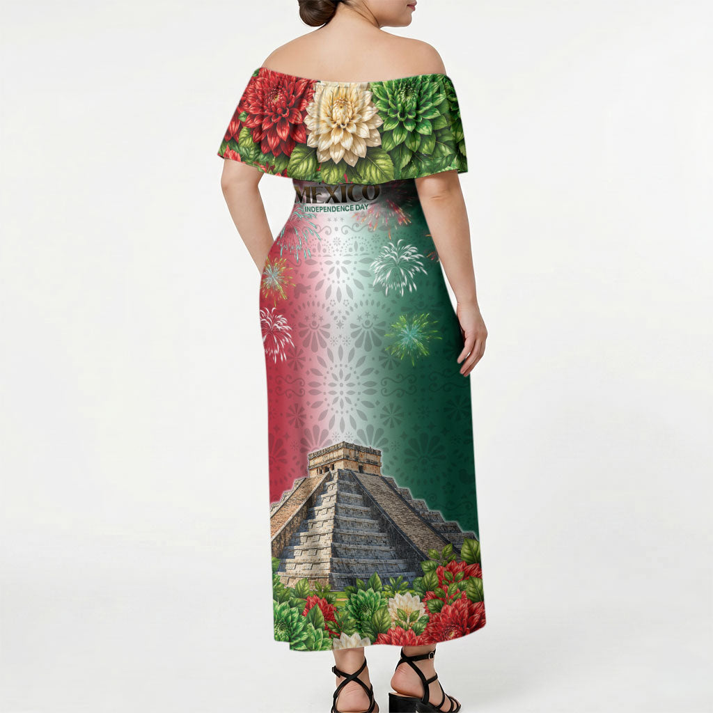 Viva Mexico Independence Day Off Shoulder Maxi Dress Sombrero Jaguar Mayan Pyramid Fireworks