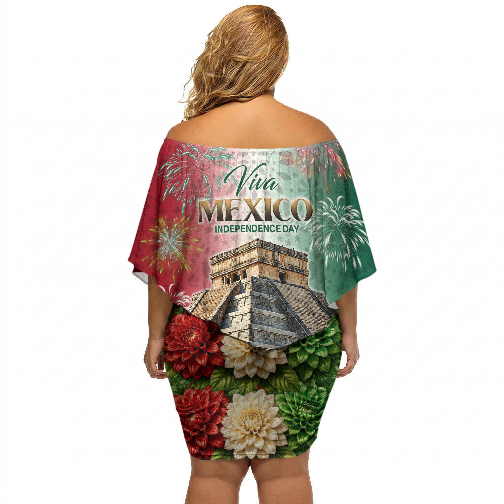 Viva Mexico Independence Day Off Shoulder Short Dress Sombrero Jaguar Mayan Pyramid Fireworks