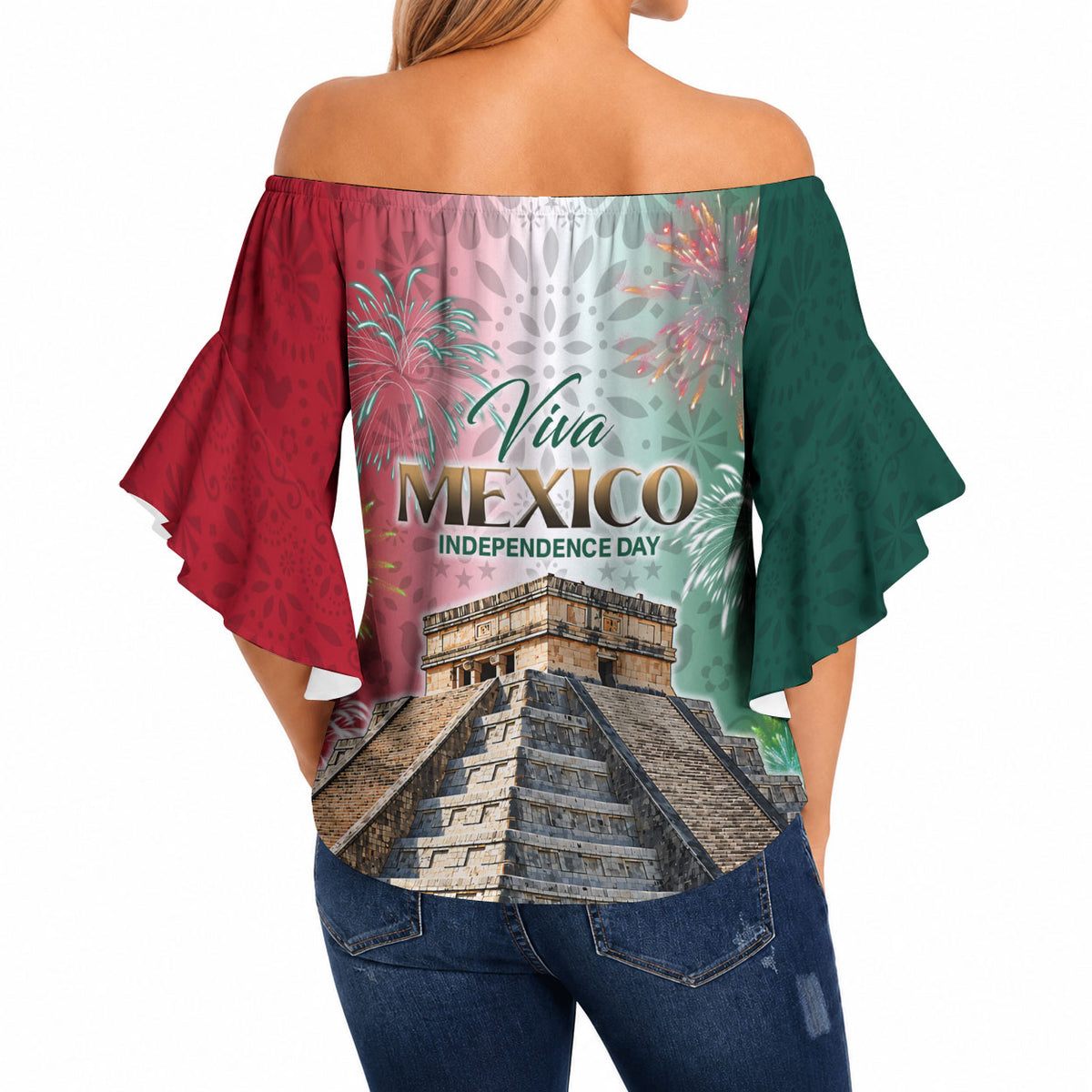 Viva Mexico Independence Day Off Shoulder Wrap Waist Top Sombrero Jaguar Mayan Pyramid Fireworks