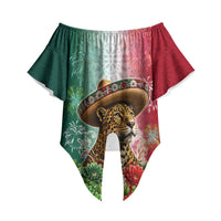 Viva Mexico Independence Day Off Shoulder Wrap Waist Top Sombrero Jaguar Mayan Pyramid Fireworks