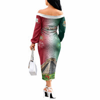 Viva Mexico Independence Day Off The Shoulder Long Sleeve Dress Sombrero Jaguar Mayan Pyramid Fireworks