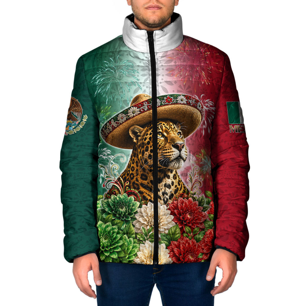 Viva Mexico Independence Day Padded Jacket Sombrero Jaguar Mayan Pyramid Fireworks