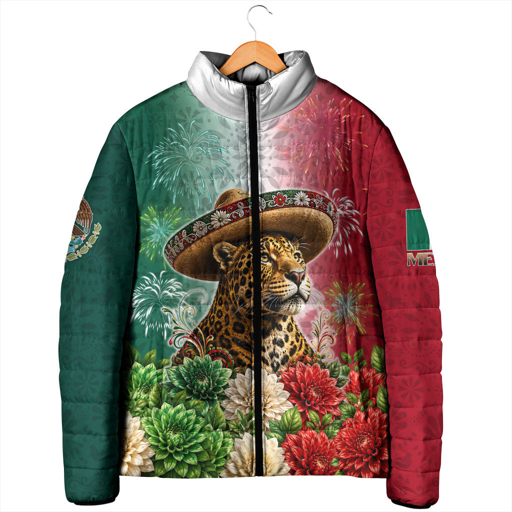 Viva Mexico Independence Day Padded Jacket Sombrero Jaguar Mayan Pyramid Fireworks
