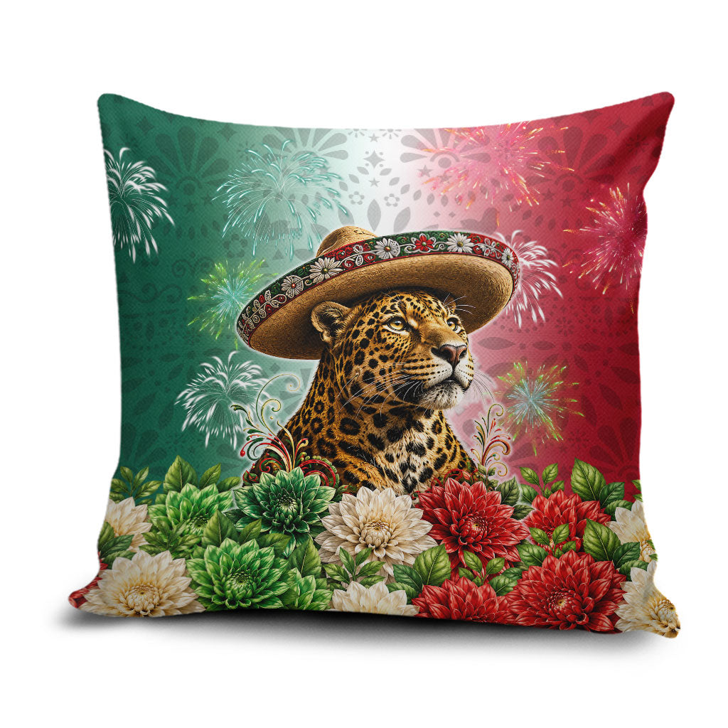 Viva Mexico Independence Day Pillow Cover Sombrero Jaguar Mayan Pyramid Fireworks