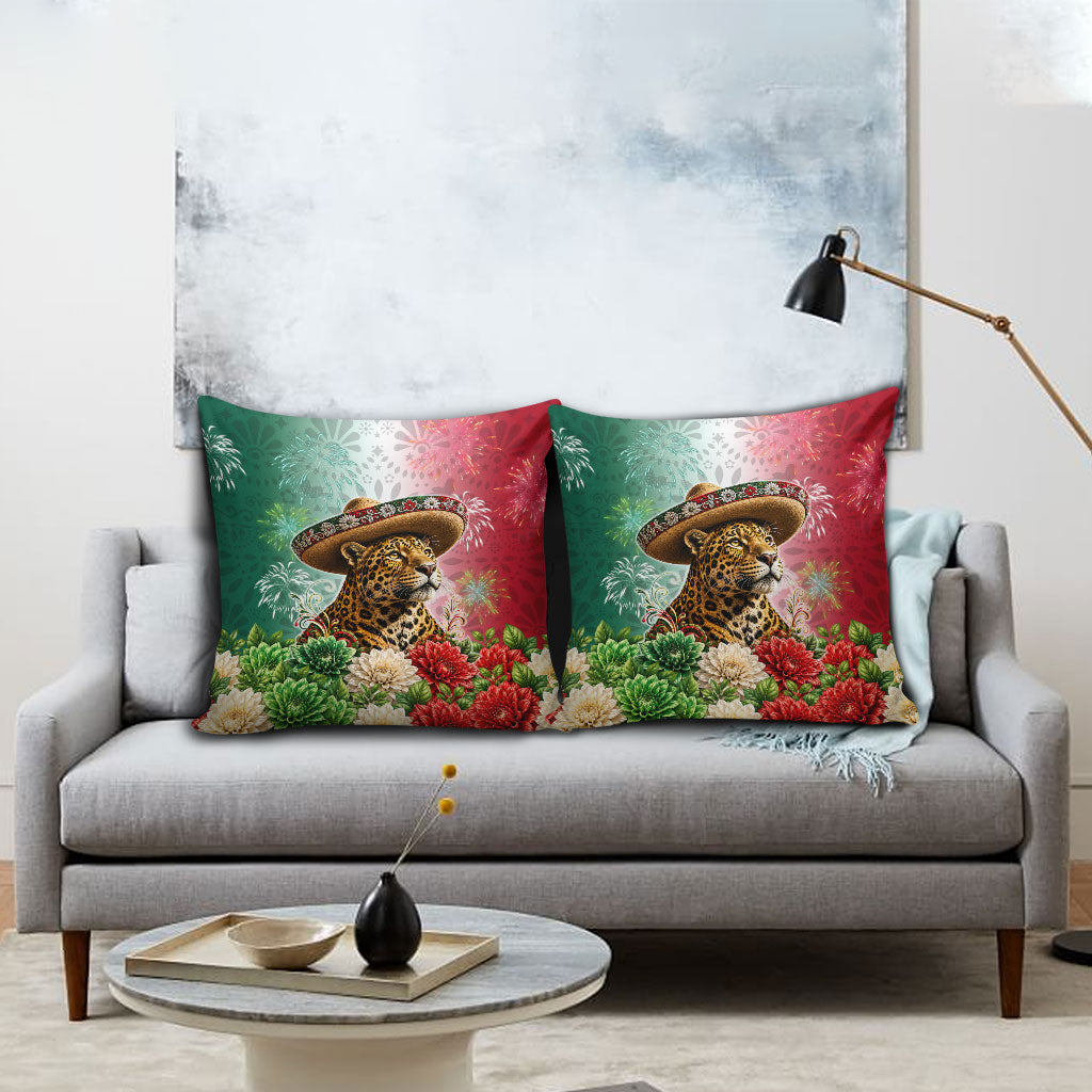 Viva Mexico Independence Day Pillow Cover Sombrero Jaguar Mayan Pyramid Fireworks