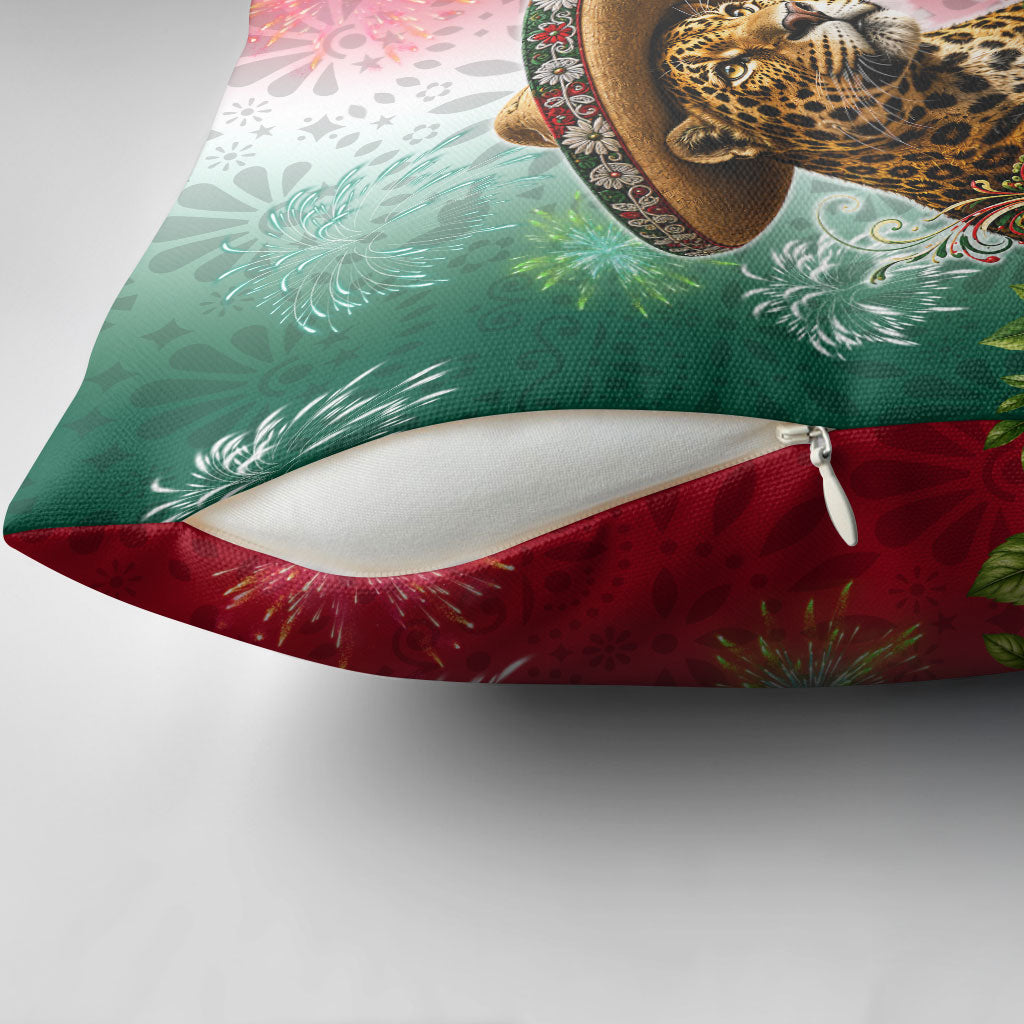Viva Mexico Independence Day Pillow Cover Sombrero Jaguar Mayan Pyramid Fireworks