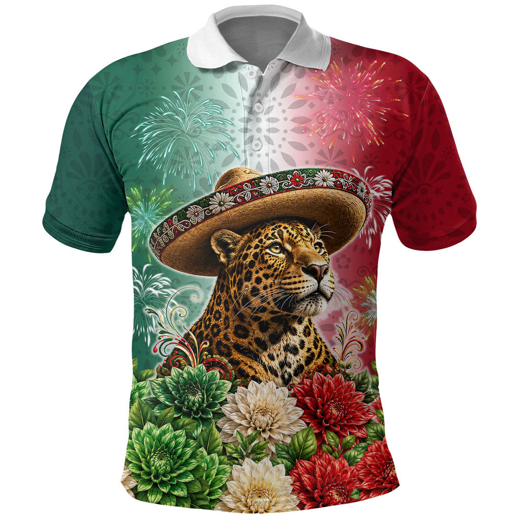 Viva Mexico Independence Day Polo Shirt Sombrero Jaguar Mayan Pyramid Fireworks