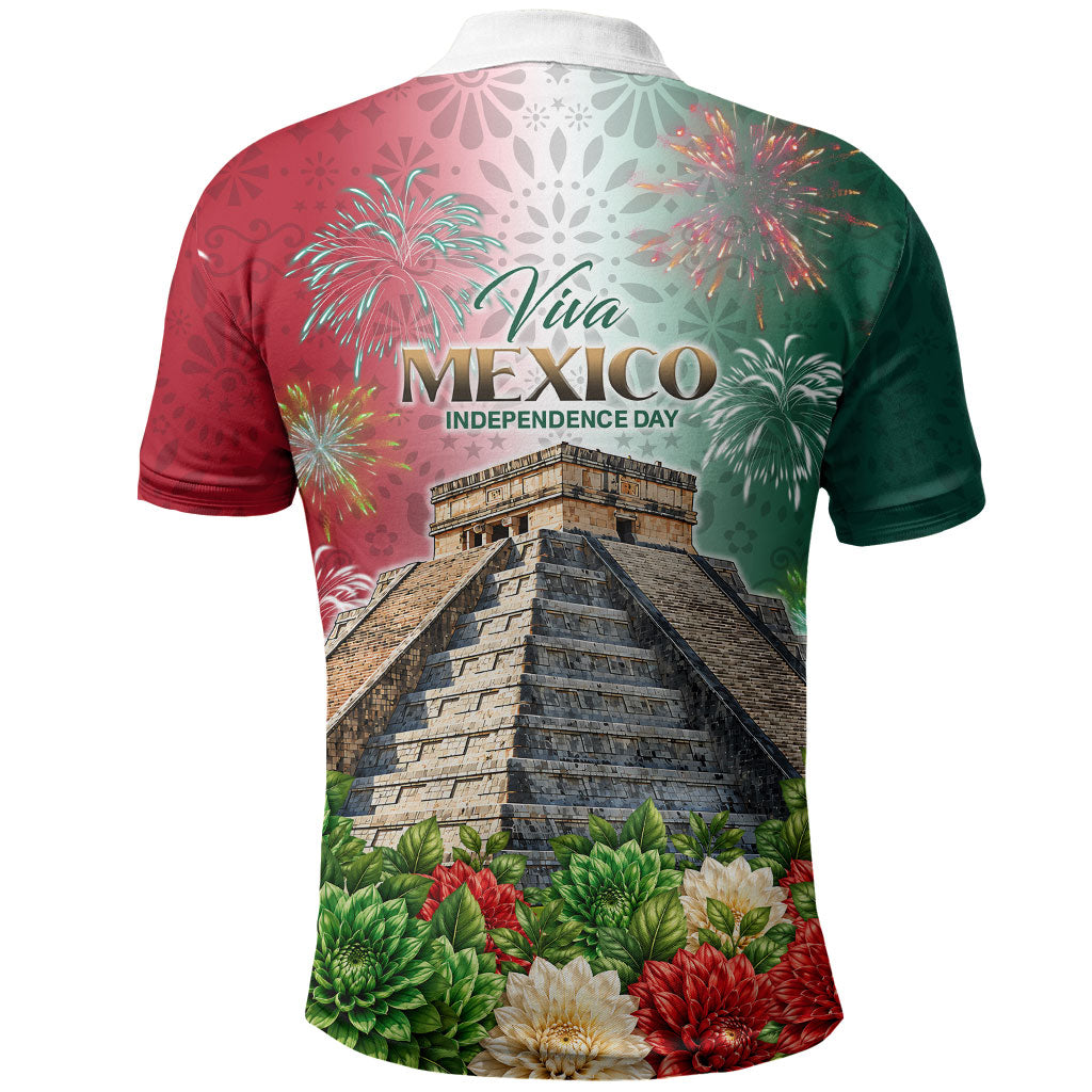 Viva Mexico Independence Day Polo Shirt Sombrero Jaguar Mayan Pyramid Fireworks