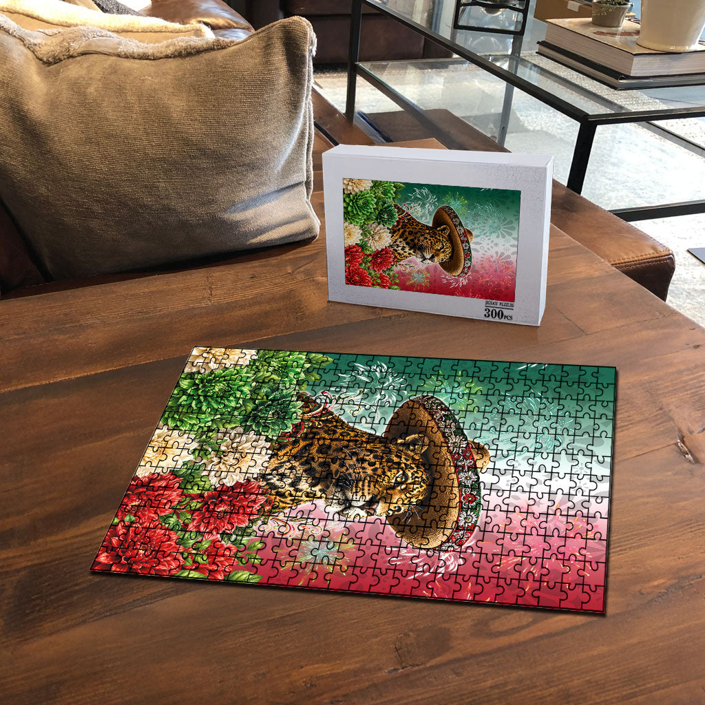 Viva Mexico Independence Day Puzzle Sombrero Jaguar Mayan Pyramid Fireworks