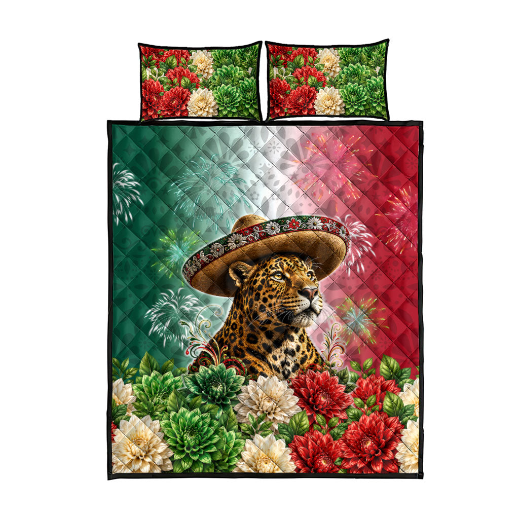 Viva Mexico Independence Day Quilt Bed Set Sombrero Jaguar Mayan Pyramid Fireworks