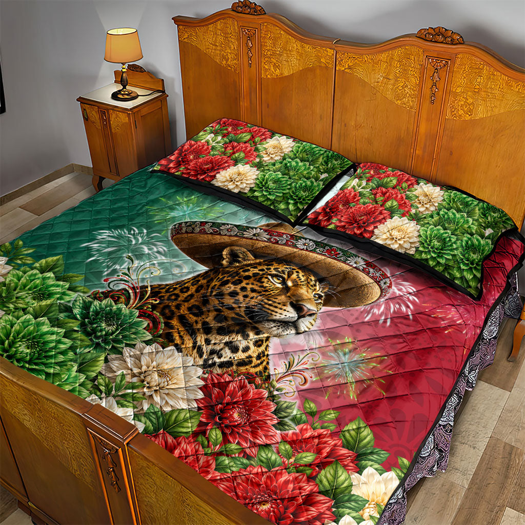 Viva Mexico Independence Day Quilt Bed Set Sombrero Jaguar Mayan Pyramid Fireworks