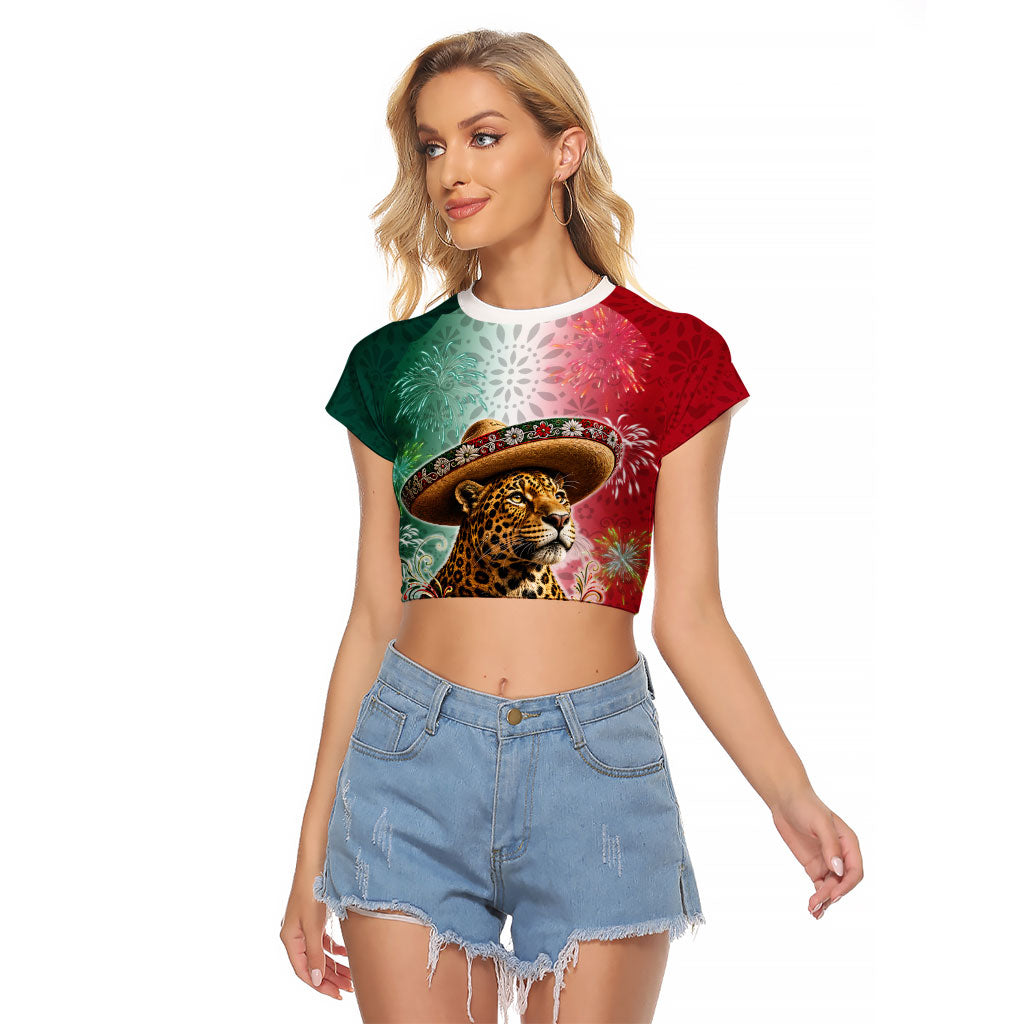 Viva Mexico Independence Day Raglan Cropped T Shirt Sombrero Jaguar Mayan Pyramid Fireworks
