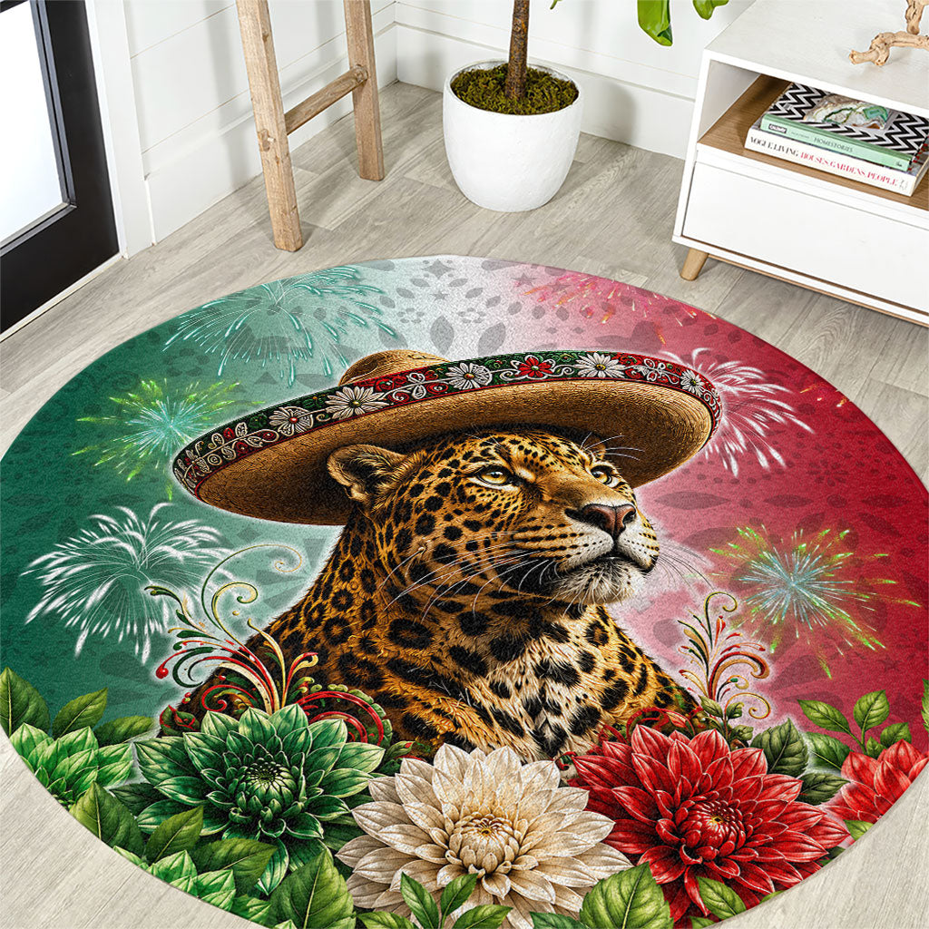 Viva Mexico Independence Day Round Carpet Sombrero Jaguar Mayan Pyramid Fireworks
