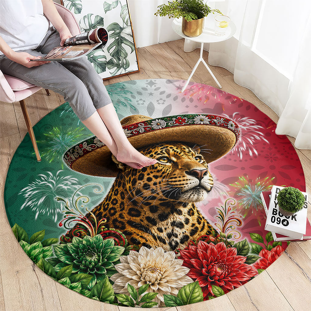 Viva Mexico Independence Day Round Carpet Sombrero Jaguar Mayan Pyramid Fireworks
