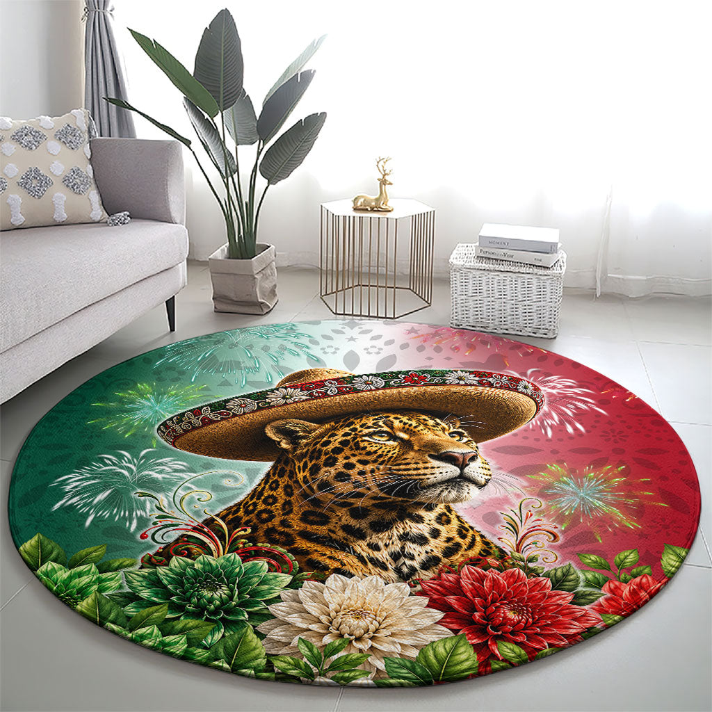 Viva Mexico Independence Day Round Carpet Sombrero Jaguar Mayan Pyramid Fireworks