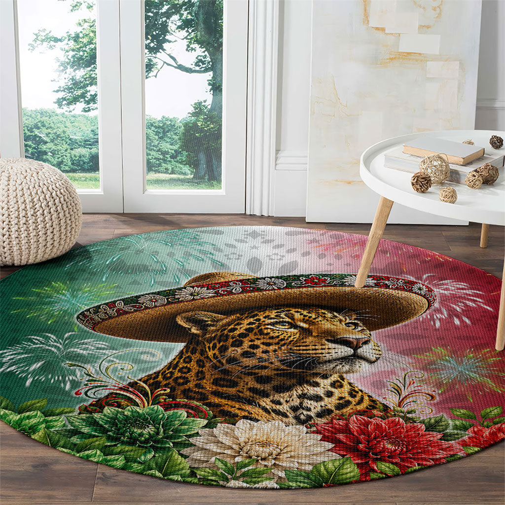Viva Mexico Independence Day Round Carpet Sombrero Jaguar Mayan Pyramid Fireworks