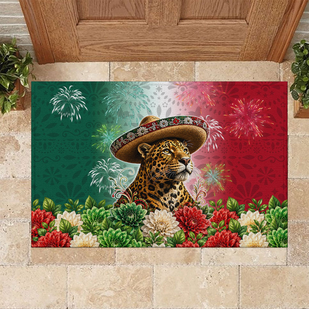 Viva Mexico Independence Day Rubber Doormat Sombrero Jaguar Mayan Pyramid Fireworks