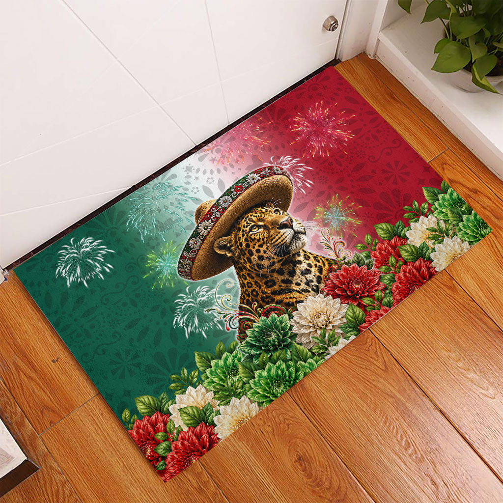 Viva Mexico Independence Day Rubber Doormat Sombrero Jaguar Mayan Pyramid Fireworks