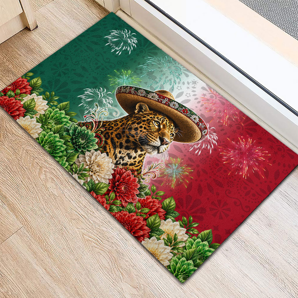 Viva Mexico Independence Day Rubber Doormat Sombrero Jaguar Mayan Pyramid Fireworks