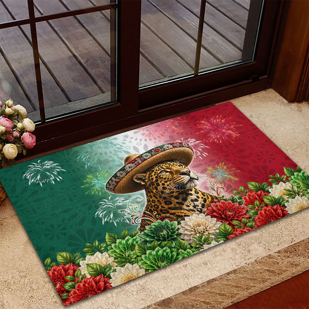 Viva Mexico Independence Day Rubber Doormat Sombrero Jaguar Mayan Pyramid Fireworks