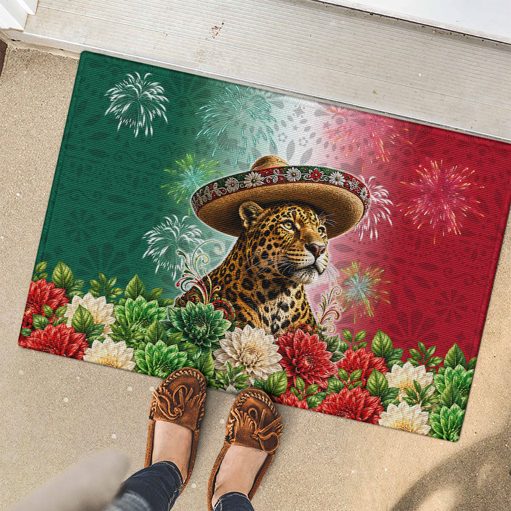 Viva Mexico Independence Day Rubber Doormat Sombrero Jaguar Mayan Pyramid Fireworks