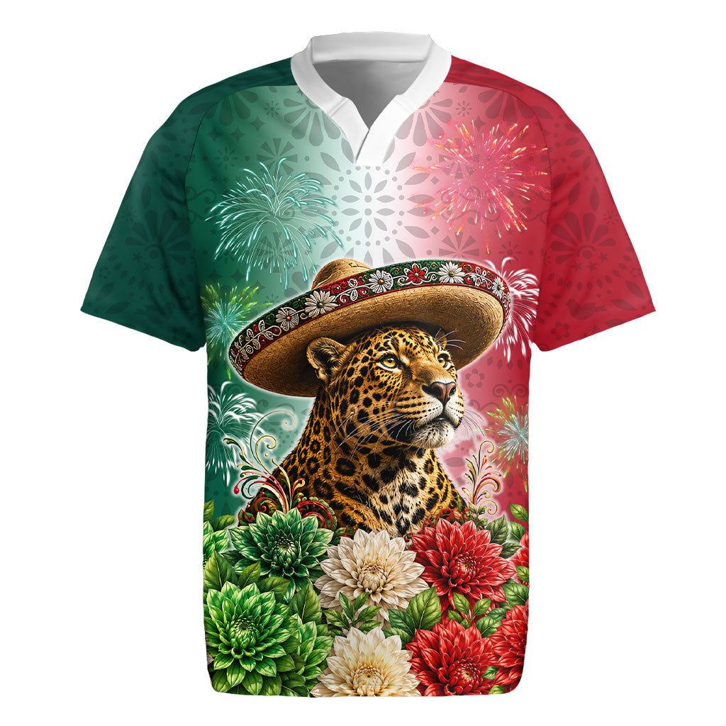 Viva Mexico Independence Day Rugby Jersey Sombrero Jaguar Mayan Pyramid Fireworks