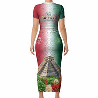 Viva Mexico Independence Day Short Sleeve Bodycon Dress Sombrero Jaguar Mayan Pyramid Fireworks