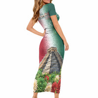 Viva Mexico Independence Day Short Sleeve Bodycon Dress Sombrero Jaguar Mayan Pyramid Fireworks