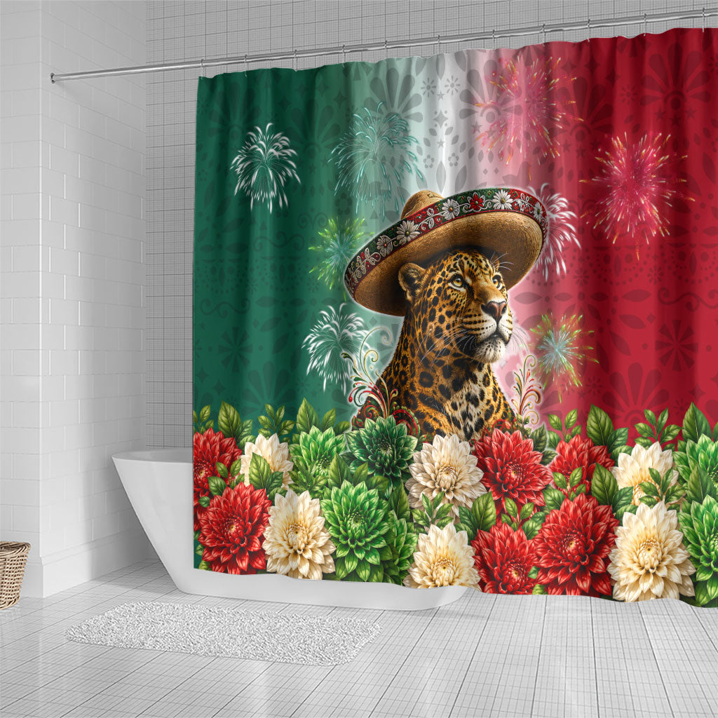 Viva Mexico Independence Day Shower Curtain Sombrero Jaguar Mayan Pyramid Fireworks