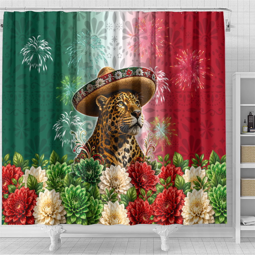 Viva Mexico Independence Day Shower Curtain Sombrero Jaguar Mayan Pyramid Fireworks