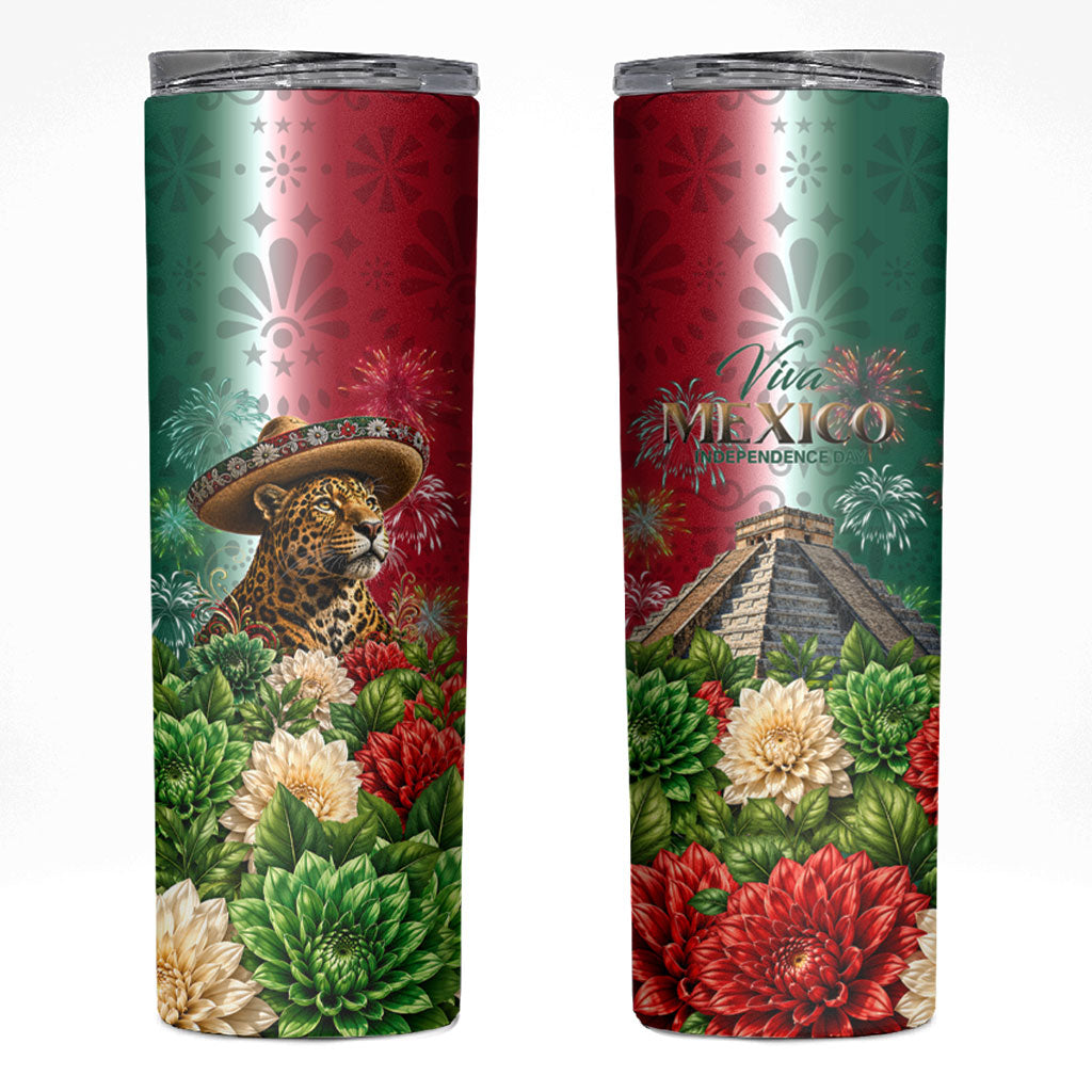 Viva Mexico Independence Day Skinny Tumbler Sombrero Jaguar Mayan Pyramid Fireworks