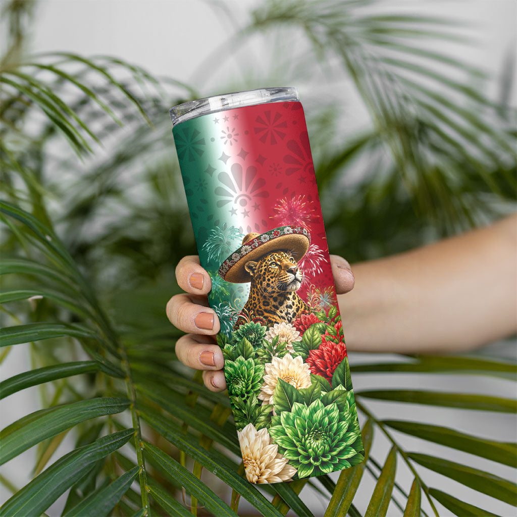 Viva Mexico Independence Day Skinny Tumbler Sombrero Jaguar Mayan Pyramid Fireworks